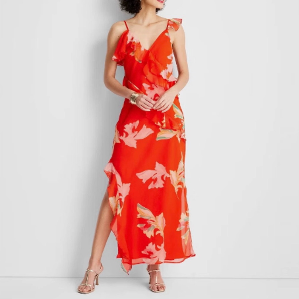 Future Collective Jenee Naylor Ruffle Maxi Dress Red Floral Size Small Nwt